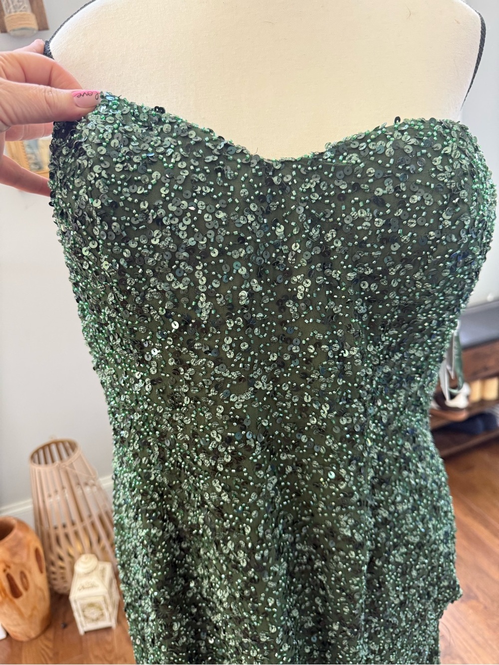 Scala Strapless Dark Green Sequin Silk Dress w Bra Pads Size 14 Bnwt